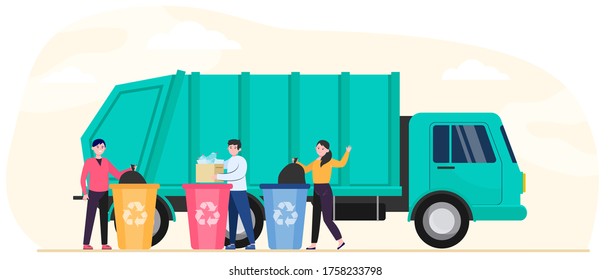 Cartoon people throwing out rubbish and trash into disposal containers flat vector illustration. Garbage truck standing on city road. Recycle service and industry concept