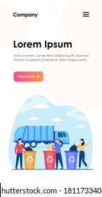Cartoon people throwing out rubbish and trash into disposal containers flat vector illustration. Garbage truck standing on city road. Recycle service and industry concept