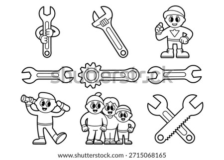 Cartoon people and tools wrench spanner