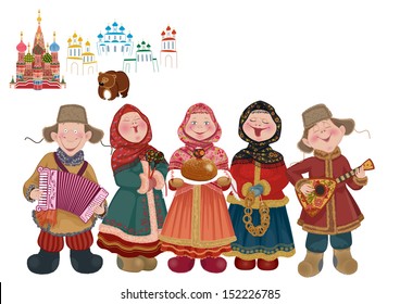 Cartoon people in traditional costume with musical instruments (balalaika and accordion) are welcome guests with a centuries-old Russian tradition - bread and salt.