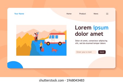 Cartoon people travelling on van in mountains. Dog, baggage, landscape flat vector illustration. Adventure and nature concept for banner, website design or landing web page