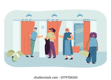 Cartoon people trying on clothes in fitting room. Flat vector illustration. Shop assistant helping customers and bringing garments of different size. Shopping, store, cloth, fashion, boutique concept