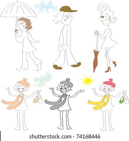 cartoon people with umbrellas and without