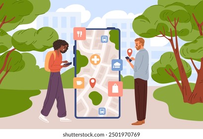 Cartoon people use smartphone functions. Mobile navigator application. Couple walk in park. City streets map. Guy and girl looking roadmap in phone app. GPS navigation