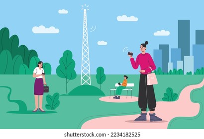 Cartoon people use wireless 5G in park. High speed internet. Network communication. Digital technologies. Mobile connection. Telecommunication antenna. Cellular broadcast