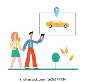 Cartoon people using carsharing app and walking to find car - young couple in the park holding phone and searching yellow taxi cab. Flat isolated vector illustration.
