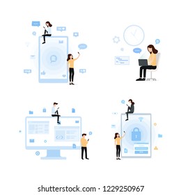 Cartoon people using internet on modern gadgets set. Boys and girls chatting taking selphie typing messages on tablet smartphones laptop vector set illustration. Social media communication concept