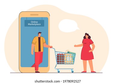 Cartoon people using online marketplace for shopping. Flat vector illustration. Woman greeting man coming out from smartphone with shopping cart full of products. Online shopping, market, food concept