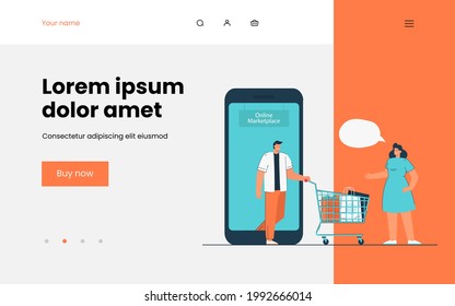 Cartoon people using online marketplace for shopping. Flat vector illustration. Woman greeting man coming out from smartphone with shopping cart full of products. Online shopping, market, food concept