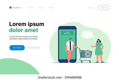 Cartoon people using online marketplace for shopping. Flat vector illustration. Woman greeting man coming out from smartphone with shopping cart full of products. Online shopping, market, food concept