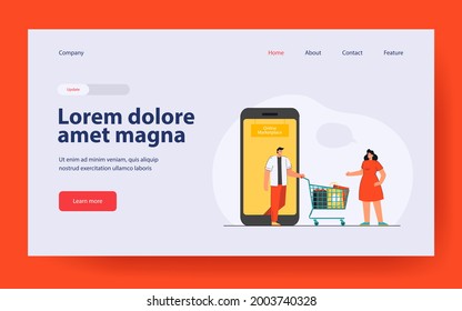 Cartoon people using online marketplace for shopping. Flat vector illustration. Woman greeting man coming out from smartphone with shopping cart full of products. Online shopping, market, food concept