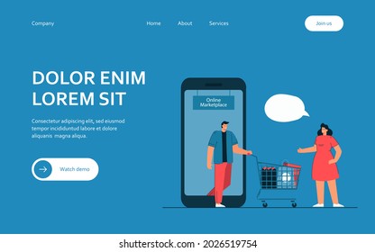 Cartoon people using online marketplace for shopping. Flat vector illustration. Woman greeting man coming out from smartphone with shopping cart full of products. Online shopping, market, food concept