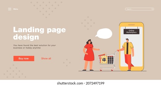 Cartoon people using online marketplace for shopping. Flat vector illustration. Woman greeting man coming out from smartphone with shopping cart full of products. Online shopping, market, food concept