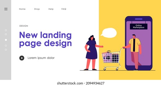 Cartoon people using online marketplace for shopping. Flat vector illustration. Woman greeting man coming out from smartphone with shopping cart full of products. Online shopping, market, food concept