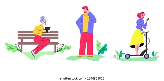 Personas de caricaturas usando dispositivos tecnológicos en el parque - conjunto aislado.