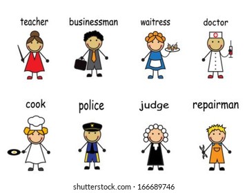 Cartoon people of various professions on a white background with captions