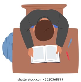 Cartoon People Vector Illustration Depicting Student Viewed From Above Seated At Classroom Desk With An Open Book, Blue Backpack And Pens On The Table Capturing A Moment Of Concentration And Learning