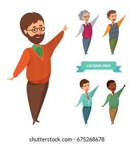 Cartoon people vector illustration set. Man pointing index finger up, smile. Boy talk, speak, points to something. Teacher leads a lesson. Isolated on white background.