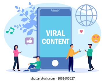 Cartoon People Vector Illustration Of Viral Content Concept. Tiny Characters on Big Phones with various icons. Social Media Blogs, Streaming Movies, Online Networking Likes, Interesting Followers.