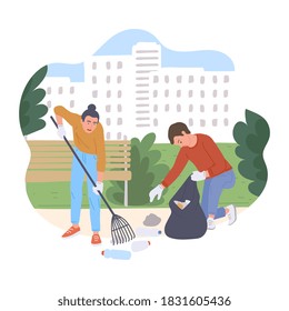Cartoon people volunteers collecting trash and making the city clean, flat vector illustration isolated on white background. Volunteers cleaning public places.