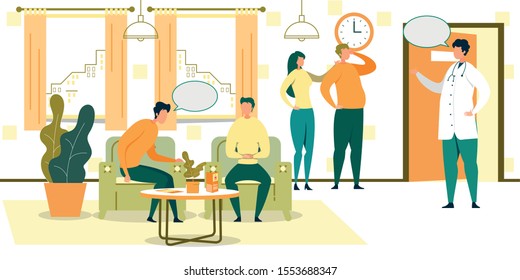 Cartoon People Wait in Chairs in Hospital Hall Vector Illustration. Male Doctor in Doorway. Clinic Lobby Interior. Medical Specialist Examination. Professional Medicine Healthcare.