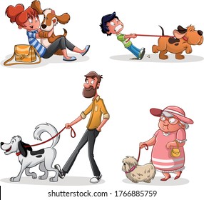 Cartoon people walking dogs. People with pets.

