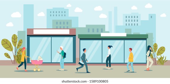 Cartoon people walking in downtown city landscape - urban street cityscape with men and women taking a walk in neighborhood. Flat banner vector illustration