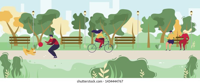 Cartoon People Walking in Flat Urban Public Park. Vector Man and Dog Playing with Ball, Woman Riding Bicycle, Talking Married Couple or Friends Sit on Bench Illustration. Communication and Relax