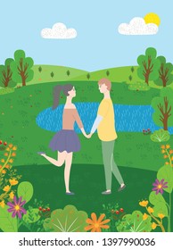 Cartoon people walking in forest among green trees and flowers, blue lake or pond. Vector summer, man and woman spend time together on nature, meadow and sky