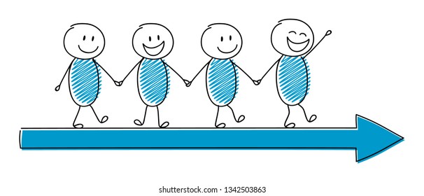Cartoon people with walking on arrow. Vector