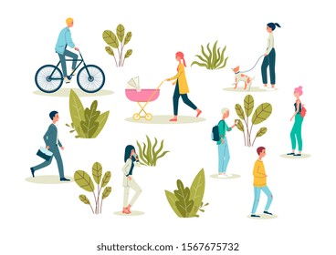 Cartoon people walking in the park - isolated set of men and women taking a stroll through foliage and bushes. Mother with stroller, dog walker, bike rider - flat vector illustration