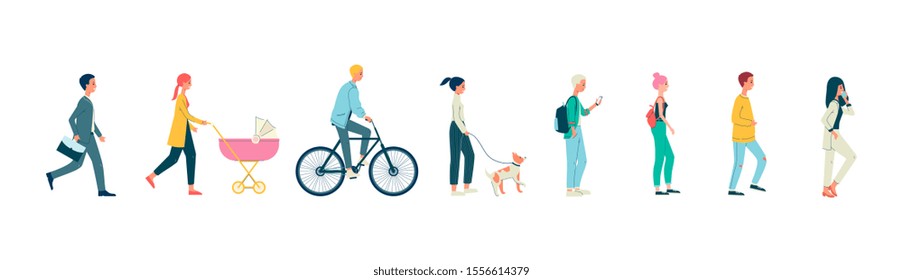 Cartoon people walking set isolated on white background - businessman, mother with stroller, bicycle rider and other men and women. Flat vector illustration.