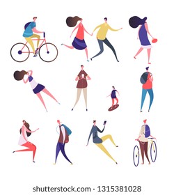 Cartoon people walking street. Man woman with smartphone, riding bike skateboard in summer outdoor activities. Vector characters