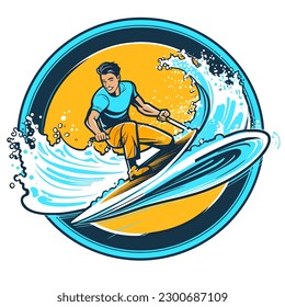 Caricatura de personas esquiando en aguas azules de olas de mar tropical, actividad deportiva de agua extrema en verano de fondo de banner de vacaciones. ilustración vectorial de dibujos animados, etiqueta, pegatina, fondo blanco