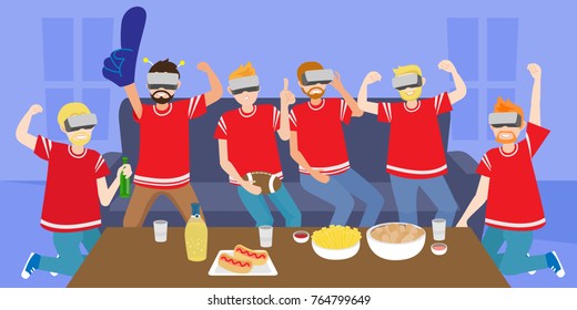 cartoon people wear vr and celebrate with football party happily