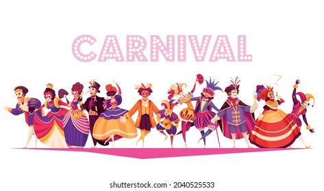 Caricaturas con vestidos tradicionales máscaras bailando en ilustración vectorial del carnaval veneciano