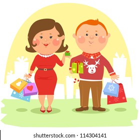 Cartoon people, Winter holidays, Couple with shopping bags