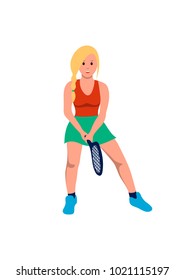 Cartoon people. A woman playing tennis. White background. Flat style. Vector illustration.