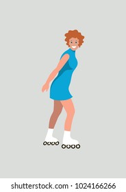 Cartoon people. A woman roller-skating.  Vector illustration.