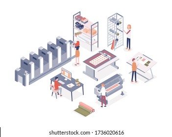 Cartoon people working at printing service center vector isometric illustration. Man and woman workers of printshop isolated on white background. Employee work with professional electronic equipment