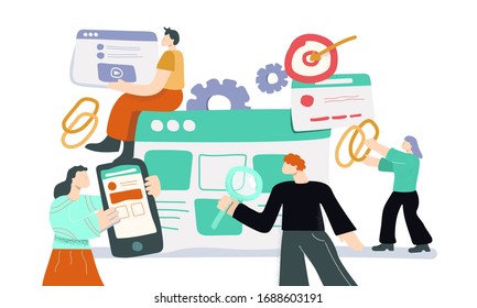 Cartoon people working as team link building development connection vector flat illustration. Group of doodle man and woman optimization web chain isolated on white. Digital marketing concept