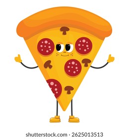 Personagem de pizza de pepperoni de desenho animado mostrando polegares para cima gesto com expressão cara engraçada, isolado no fundo branco