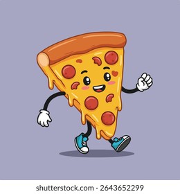Cartoon pepperoni pizza slice character with arms and legs running and smiling.