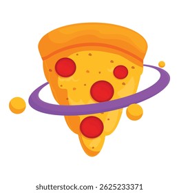 Fatia de pizza de pepperoni com anel orbitando como um planeta no espaço