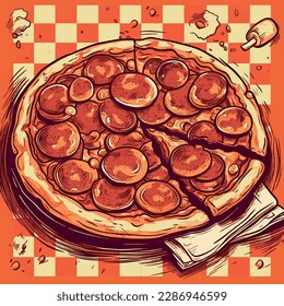 Cartoon pepperoni pizza with thick crust, tomato sauce, melted cheese, and spicy pepperoni. Red checkerboard background adds nostalgia. Bold lines and exaggerated proportions create a playful style.