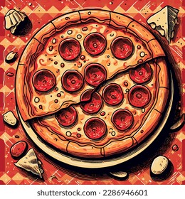 Cartoon pepperoni pizza with thick crust, tomato sauce, melted cheese, and spicy pepperoni. Red checkerboard background adds nostalgia. Bold lines and exaggerated proportions create a playful style.