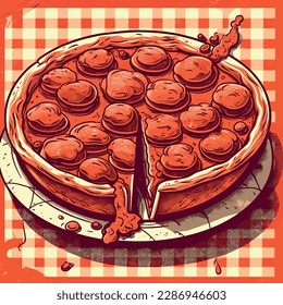 Cartoon pepperoni pizza with thick crust, tomato sauce, melted cheese, and spicy pepperoni. Red checkerboard background adds nostalgia. Bold lines and exaggerated proportions create a playful style.