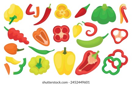 Cartoon peppers and paprika. Red green yellow pepper for cooking, half and slices. Fresh farm agriculture ingredients, isolated neoteric vector vegetables