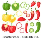 Cartoon peppers. Sweet red, yellow and hot peppers, bell pepper, juicy farm vegetables, pepper slices, cutaway peppers vector illustration set. Veggie rings, seasoning for cooking food