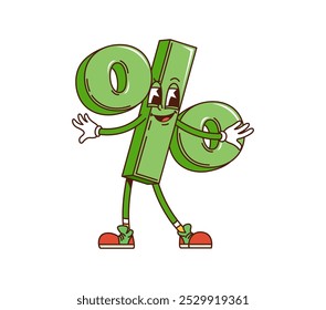 Caractere financeiro retrô groovy do sinal percentual de desenho animado. Símbolo percentual verde vetor isolado com olhos expressivos e braços estendidos, usa sapatos com luvas brancas, personagem amigável e acolhedor